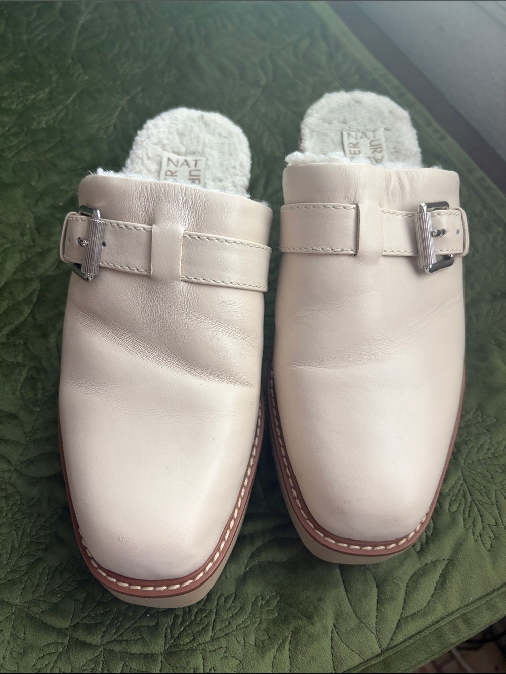 Naturalized Cream Leather Faux-Shearling Mule Clogs with Buckle sz 7
